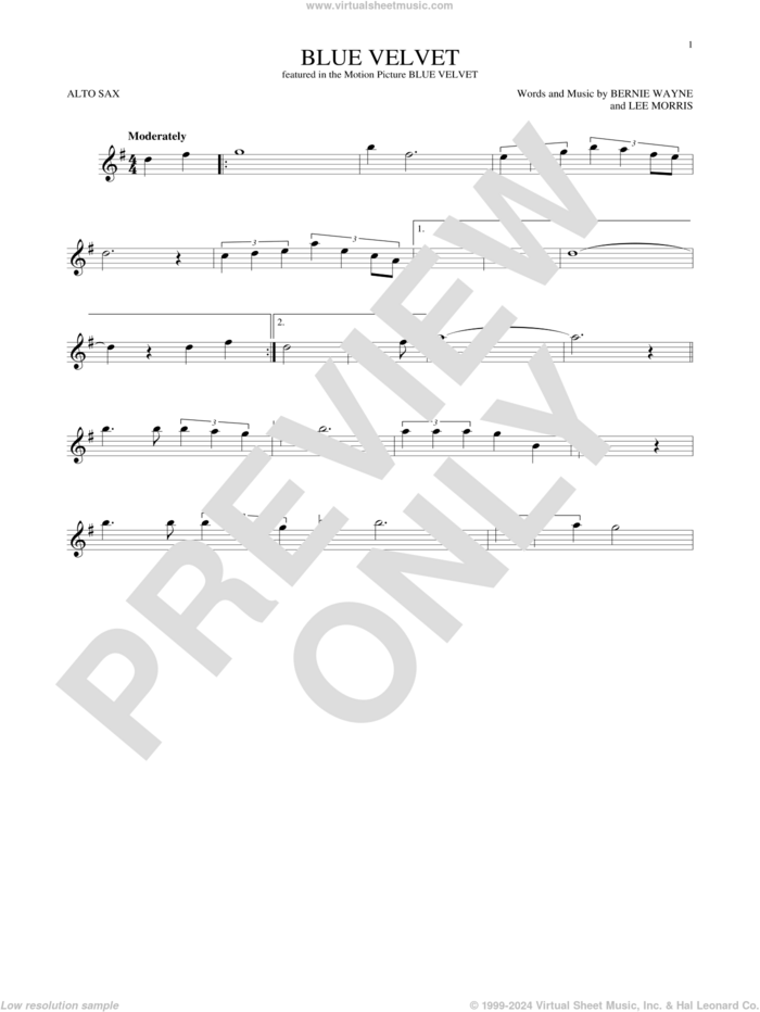 Blue Velvet sheet music for alto saxophone solo by Bobby Vinton, Statues, Bernie Wayne and Lee Morris, intermediate skill level