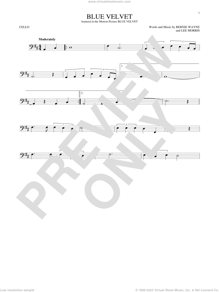 Blue Velvet sheet music for cello solo by Bobby Vinton, Statues, Bernie Wayne and Lee Morris, intermediate skill level