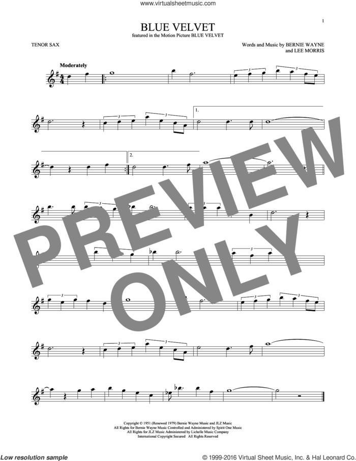 Blue Velvet sheet music for tenor saxophone solo by Bobby Vinton, Statues, Bernie Wayne and Lee Morris, intermediate skill level