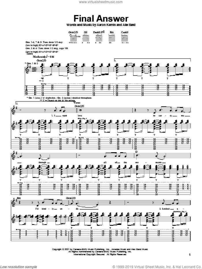 Final Answer sheet music for guitar (tablature) by The Calling, Aaron Kamin and Alex Band, intermediate skill level