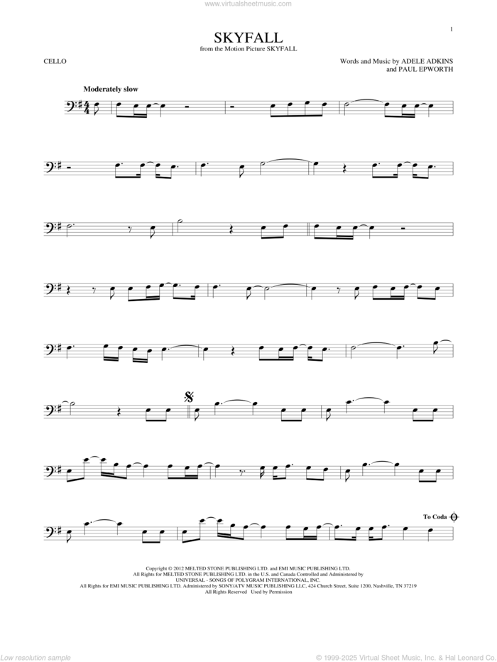 Skyfall sheet music for cello solo by Adele, Adele Adkins and Paul Epworth, intermediate skill level