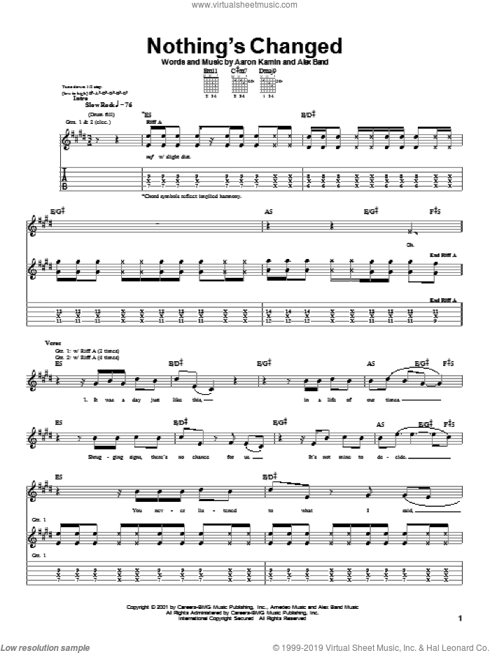 Nothing's Changed sheet music for guitar (tablature) by The Calling, Aaron Kamin and Alex Band, intermediate skill level