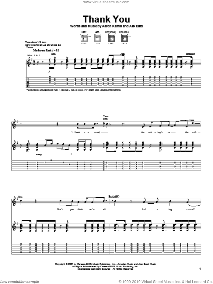 Thank You sheet music for guitar (tablature) by The Calling, Aaron Kamin and Alex Band, intermediate skill level