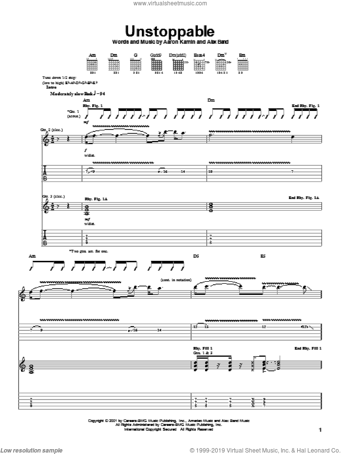 Unstoppable sheet music for guitar (tablature) by The Calling, Aaron Kamin and Alex Band, intermediate skill level