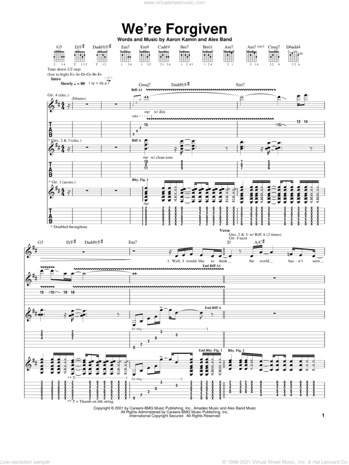 We're Forgiven sheet music for guitar (tablature) by The Calling, Aaron Kamin and Alex Band, intermediate skill level