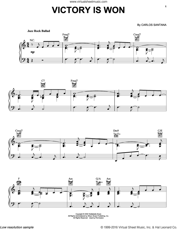 Victory Is Won sheet music for piano solo by Carlos Santana, intermediate skill level