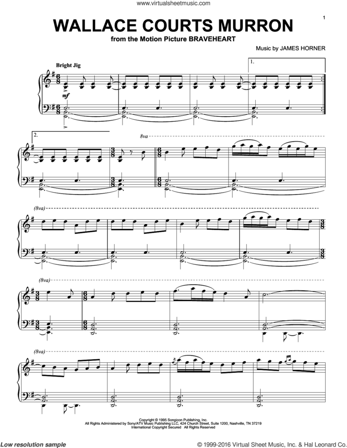 Wallace Courts Murron sheet music for piano solo by James Horner, intermediate skill level
