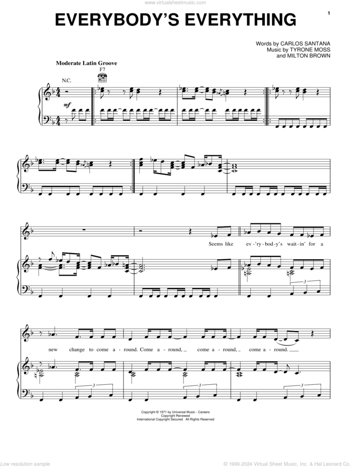Everybody's Everything sheet music for voice, piano or guitar by Carlos Santana, Milton Brown and Tyrone Moss, intermediate skill level