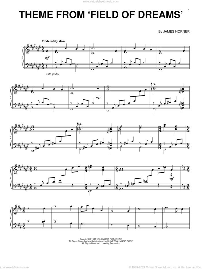 Theme From Field Of Dreams sheet music for piano solo by James Horner, intermediate skill level