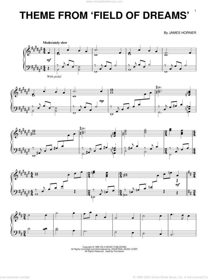 Theme From Field Of Dreams sheet music for piano solo by James Horner, intermediate skill level