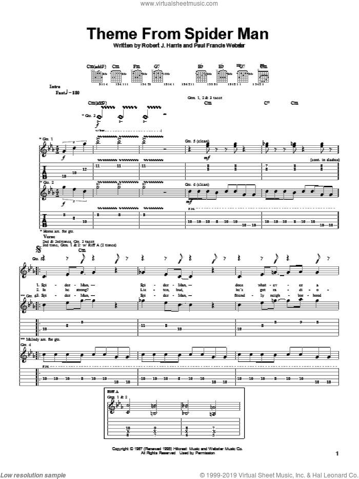Theme From Spider-Man sheet music for guitar (tablature) by Aerosmith, Spider-Man (Movie), Paul Francis Webster and Robert J. Harris, intermediate skill level