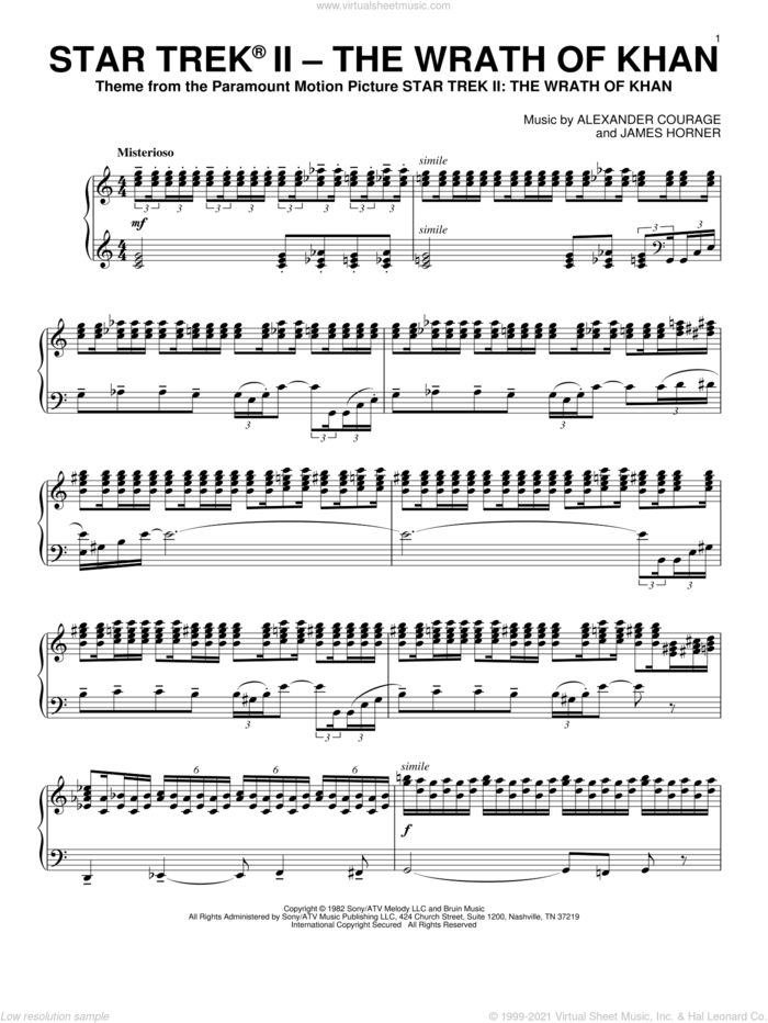 Star Trek II - The Wrath Of Khan sheet music for piano solo by James Horner and Alexander Courage, intermediate skill level