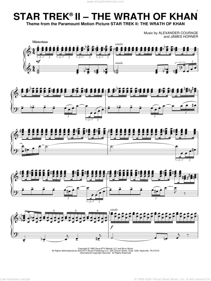 Star Trek II - The Wrath Of Khan sheet music for piano solo by James Horner and Alexander Courage, intermediate skill level