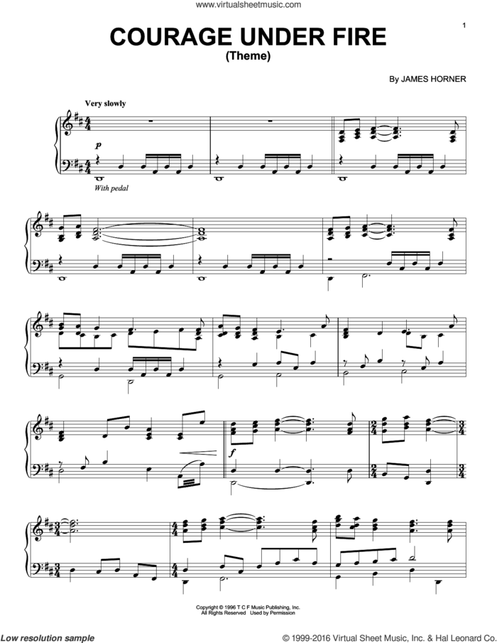 Courage Under Fire (Theme) sheet music for piano solo by James Horner, intermediate skill level