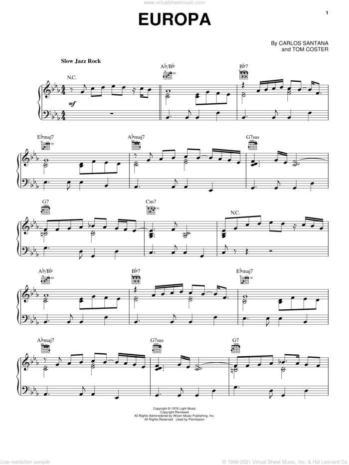 Europa sheet music for piano solo by Carlos Santana and Tom Coster, intermediate skill level
