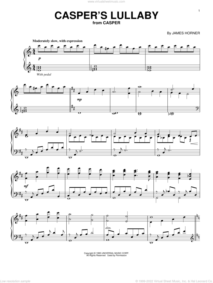 Casper's Lullaby sheet music for piano solo by James Horner, intermediate skill level