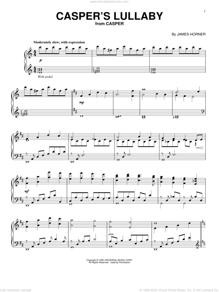 Casper's Lullaby sheet music for piano solo by James Horner, intermediate skill level