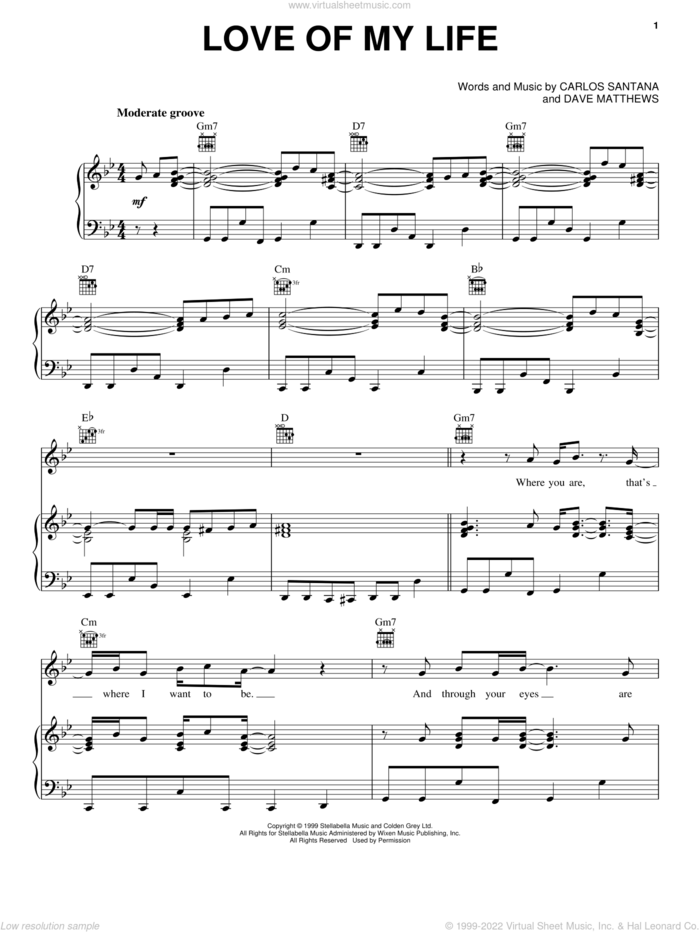 Love Of My Life (feat. Dave Matthews) sheet music for voice, piano or guitar by Santana featuring Dave Matthews, Carlos Santana and Dave Matthews, intermediate skill level