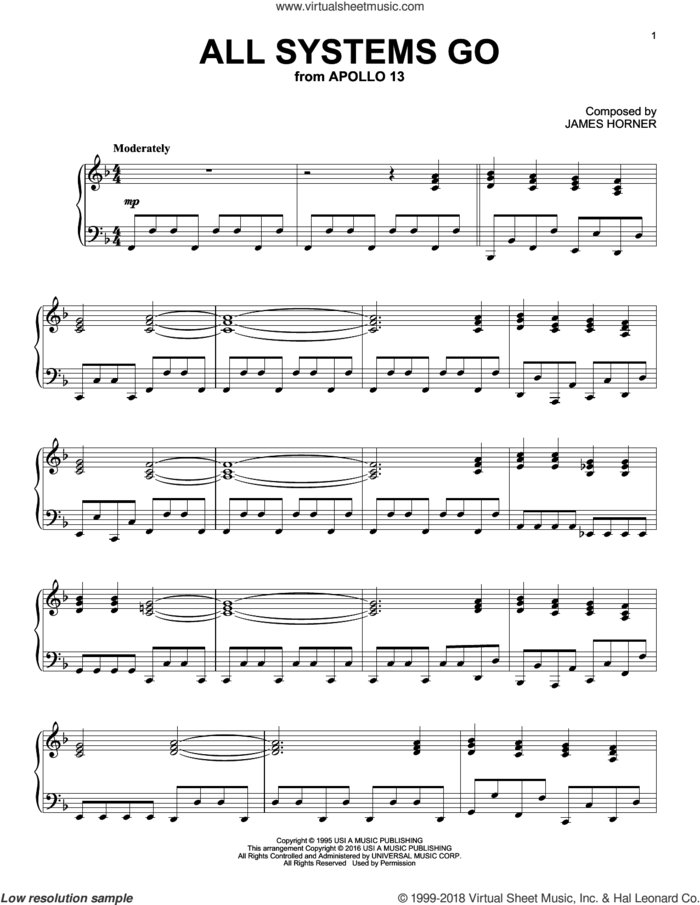 All Systems Go sheet music for piano solo by James Horner, intermediate skill level
