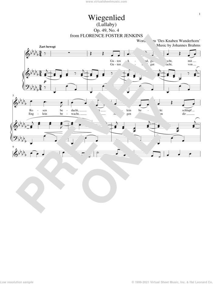 Wiegenlied (Lullaby) sheet music for voice and piano by Johannes Brahms and Alexandre Desplat, classical score, intermediate skill level