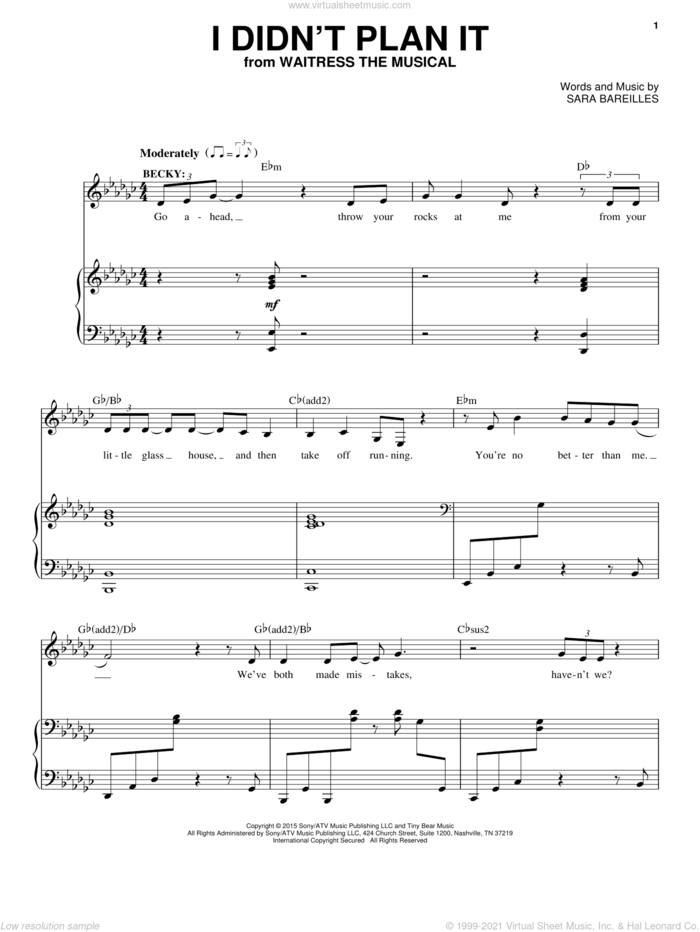 I Didn't Plan It (from Waitress The Musical) sheet music for voice and piano by Sara Bareilles, intermediate skill level