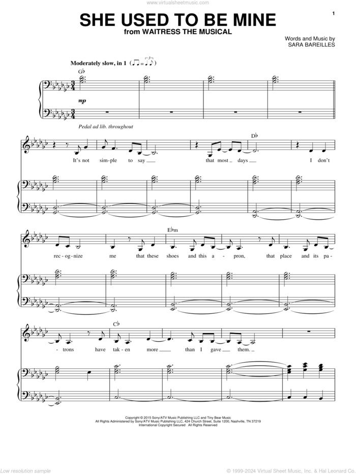 She Used To Be Mine (from Waitress The Musical) sheet music for voice and piano by Sara Bareilles, intermediate skill level