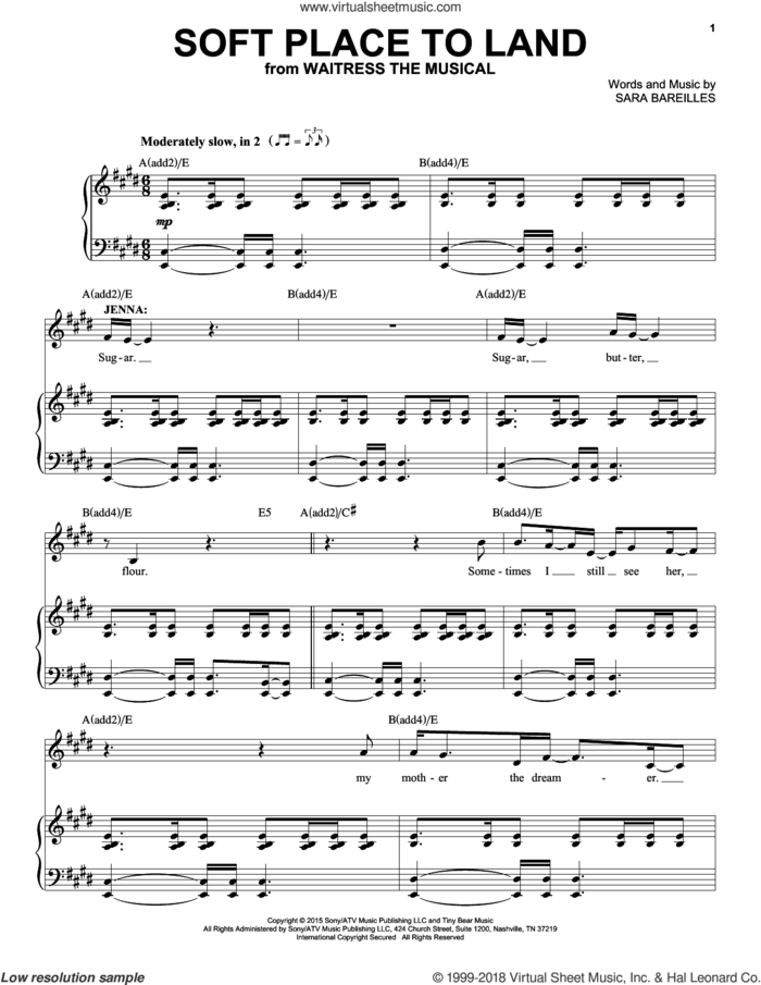 Soft Place To Land (from Waitress The Musical) sheet music for voice and piano by Sara Bareilles, intermediate skill level