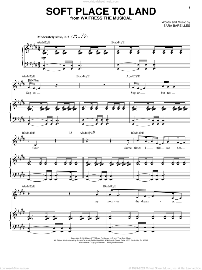 Soft Place To Land (from Waitress The Musical) sheet music for voice and piano by Sara Bareilles, intermediate skill level