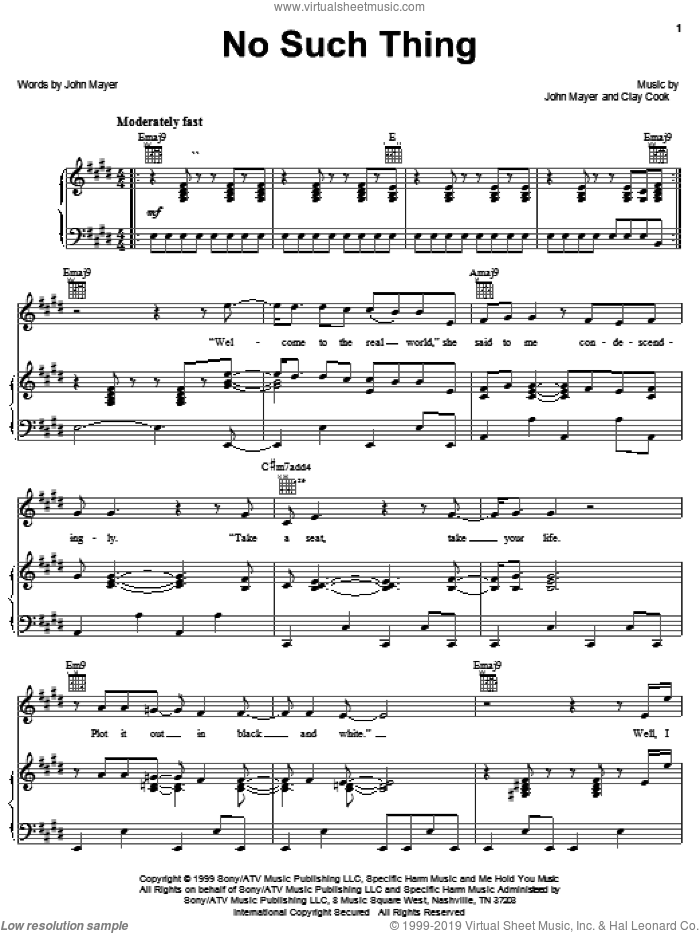 No Such Thing sheet music for voice, piano or guitar by John Mayer and Clay Cook, intermediate skill level