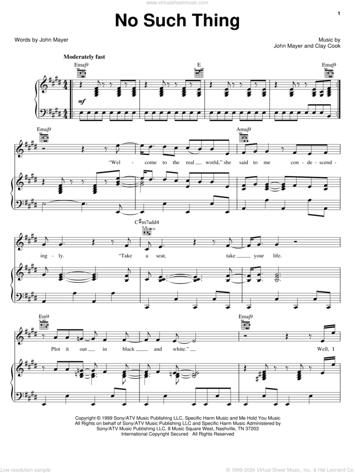 No Such Thing sheet music for voice, piano or guitar by John Mayer and Clay Cook, intermediate skill level