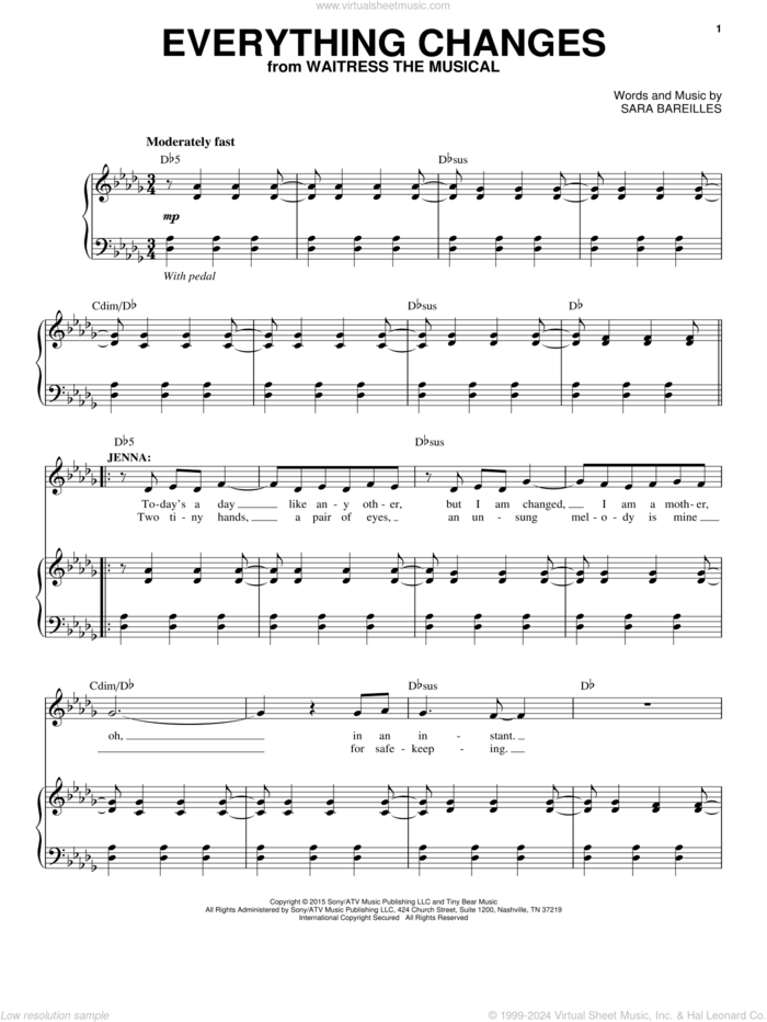 Everything Changes (from Waitress The Musical) sheet music for voice and piano by Sara Bareilles, intermediate skill level