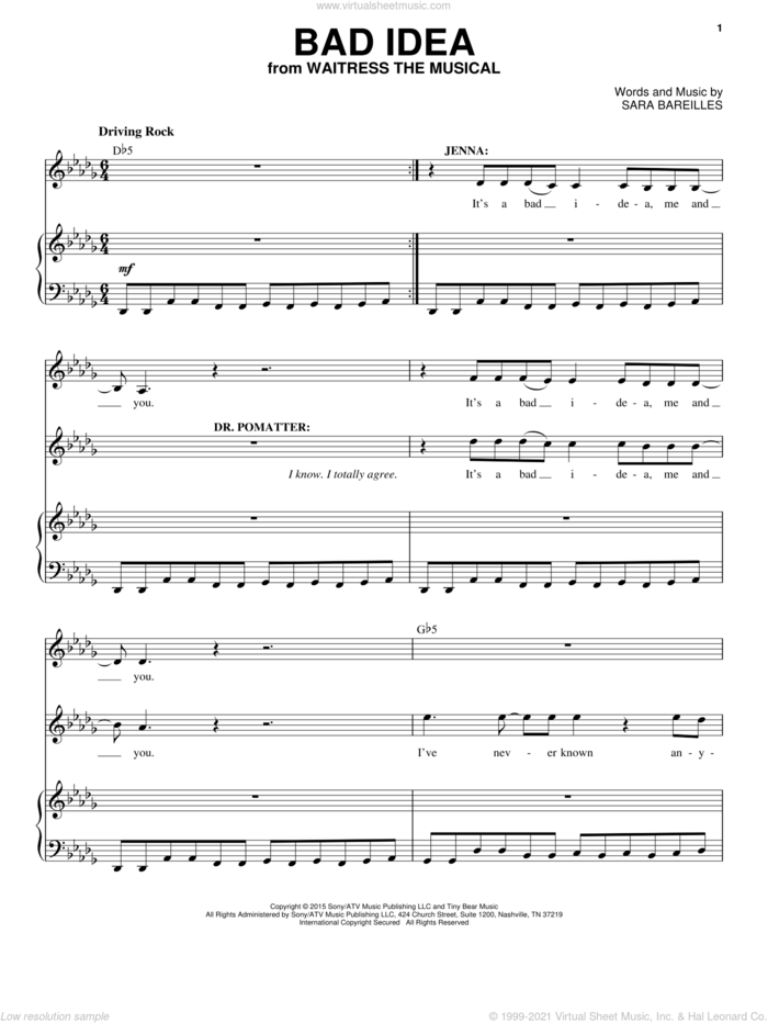 Bad Idea (from Waitress The Musical) sheet music for voice and piano by Sara Bareilles, intermediate skill level