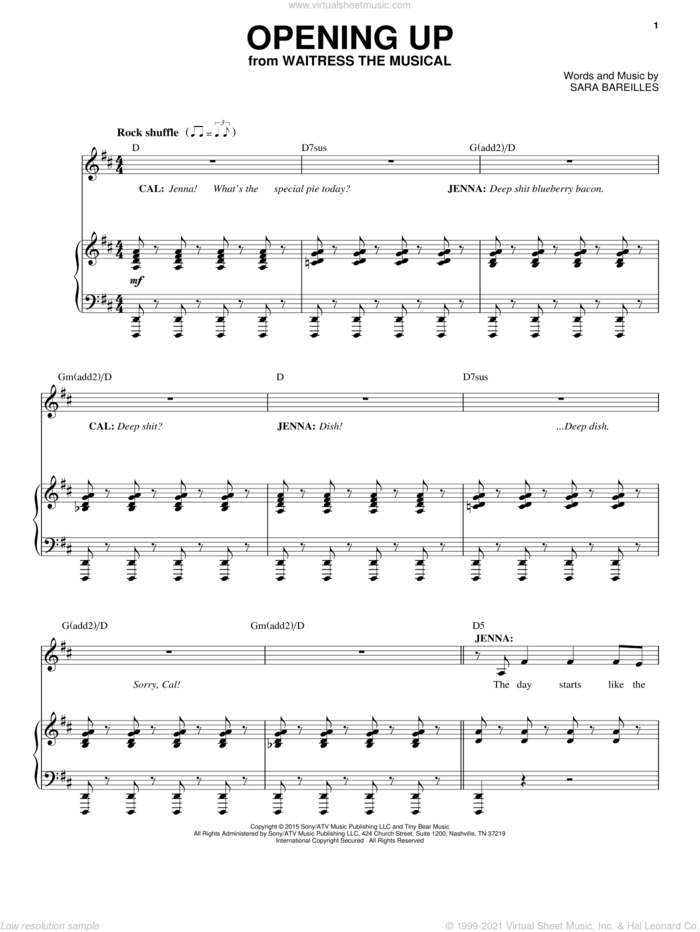 Opening Up (from Waitress The Musical) sheet music for voice and piano by Sara Bareilles, intermediate skill level