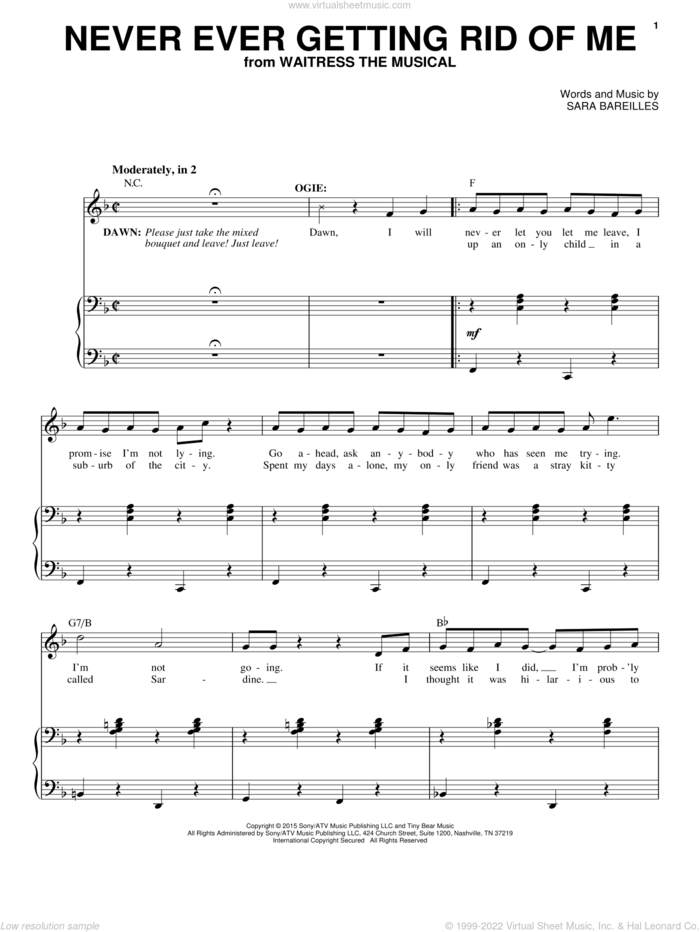 Never Ever Getting Rid Of Me (from Waitress The Musical) sheet music for voice and piano by Sara Bareilles, intermediate skill level