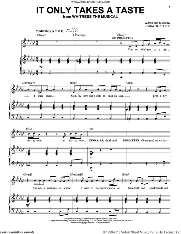 It Only Takes A Taste (from Waitress The Musical) sheet music for voice and piano by Sara Bareilles, intermediate skill level