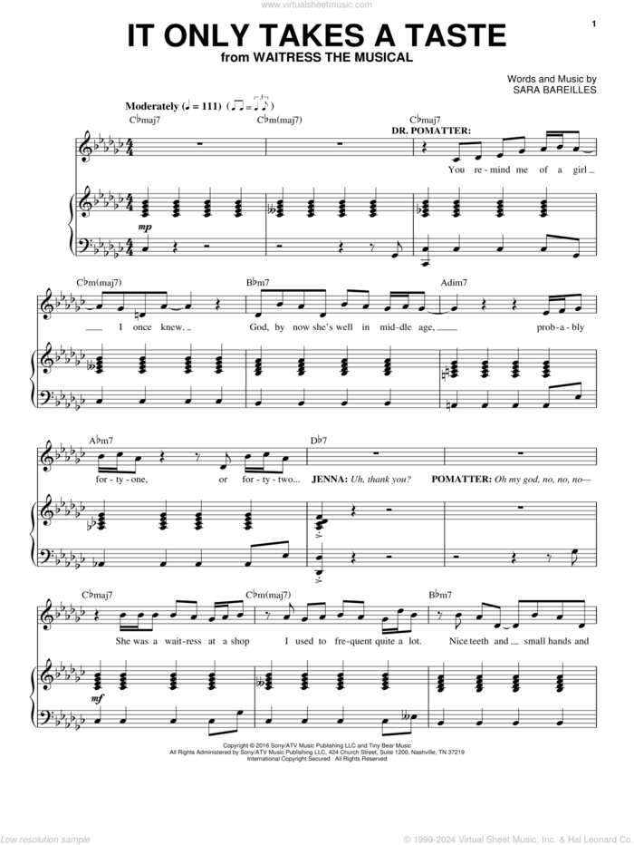 It Only Takes A Taste (from Waitress The Musical) sheet music for voice and piano by Sara Bareilles, intermediate skill level