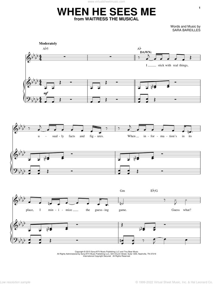 When He Sees Me (from Waitress The Musical) sheet music for voice and piano by Sara Bareilles, intermediate skill level