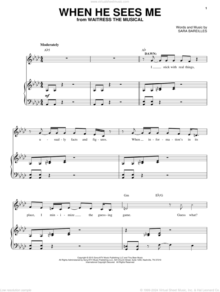 When He Sees Me (from Waitress The Musical) sheet music for voice and piano by Sara Bareilles, intermediate skill level