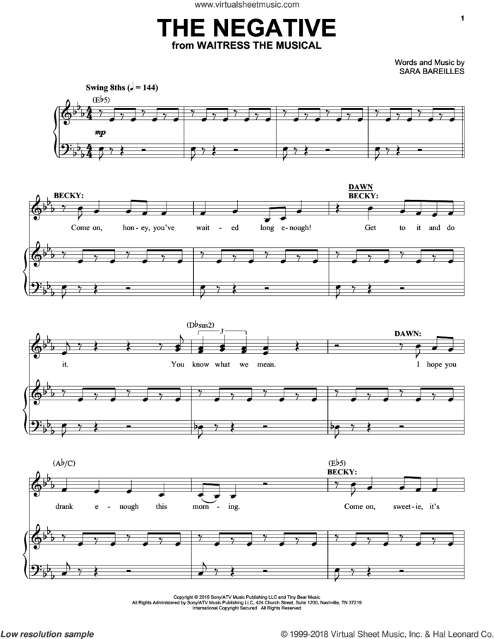 The Negative (from Waitress the Musical) sheet music for voice and piano by Sara Bareilles, intermediate skill level