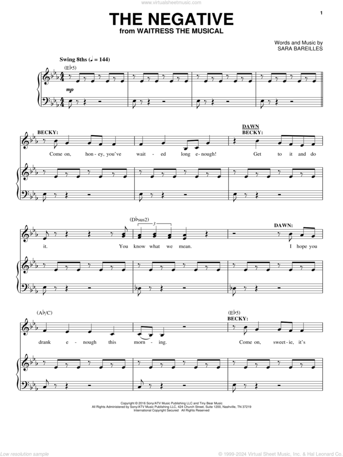 The Negative (from Waitress the Musical) sheet music for voice and piano by Sara Bareilles, intermediate skill level