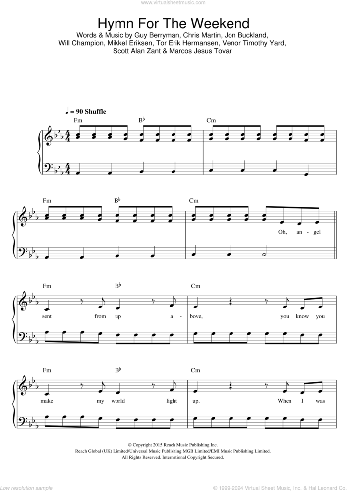 Hymn For The Weekend sheet music for piano solo by Coldplay, Chris Martin, Guy Berryman, Jon Buckland, Marcus Tovar, Mikkel Eriksen, Scott Alan Zant, Tor Erik Hermansen, Venor Timothy Yard and Will Champion, easy skill level