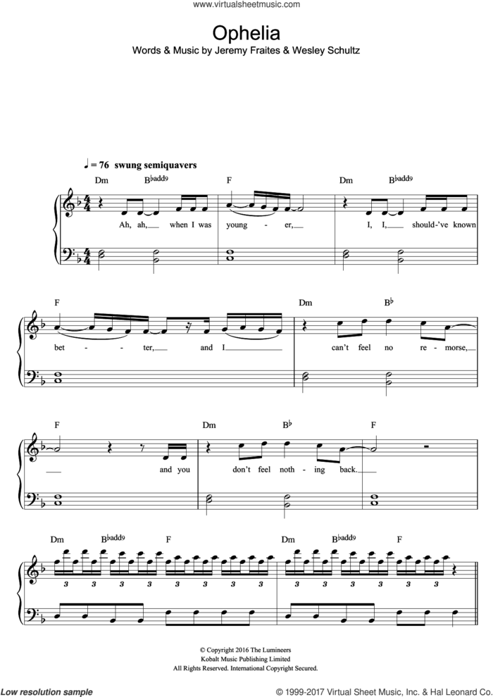 Ophelia, (easy) sheet music for piano solo by The Lumineers, Jeremy Fraites and Wesley Schultz, easy skill level