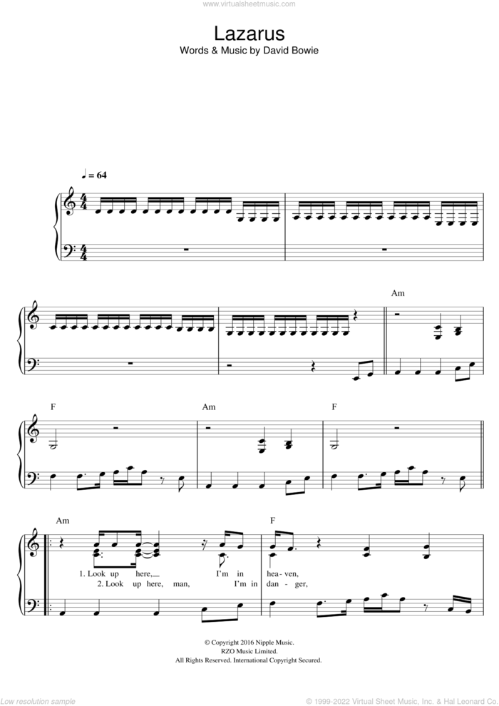 Lazarus sheet music for piano solo by David Bowie, easy skill level