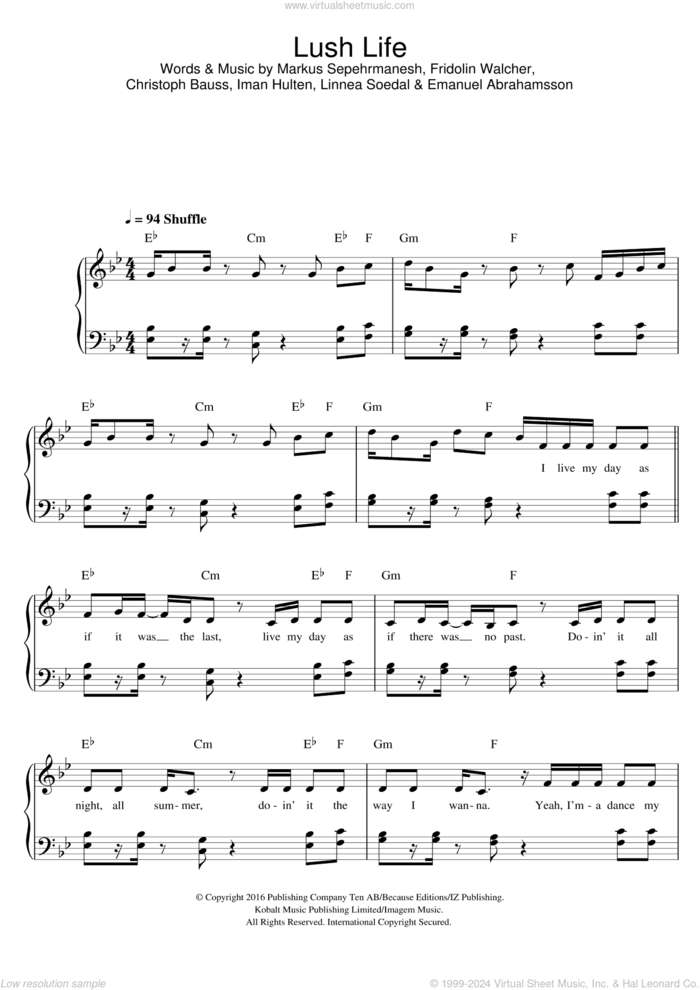 Lush Life, (easy) sheet music for piano solo by Zara Larsson, Christoph Bauss, Emanuel Abrahamsson, Fridolin Walcher, Iman Hulten, Linnea Soedal and Markus Sepehrmanesh, easy skill level