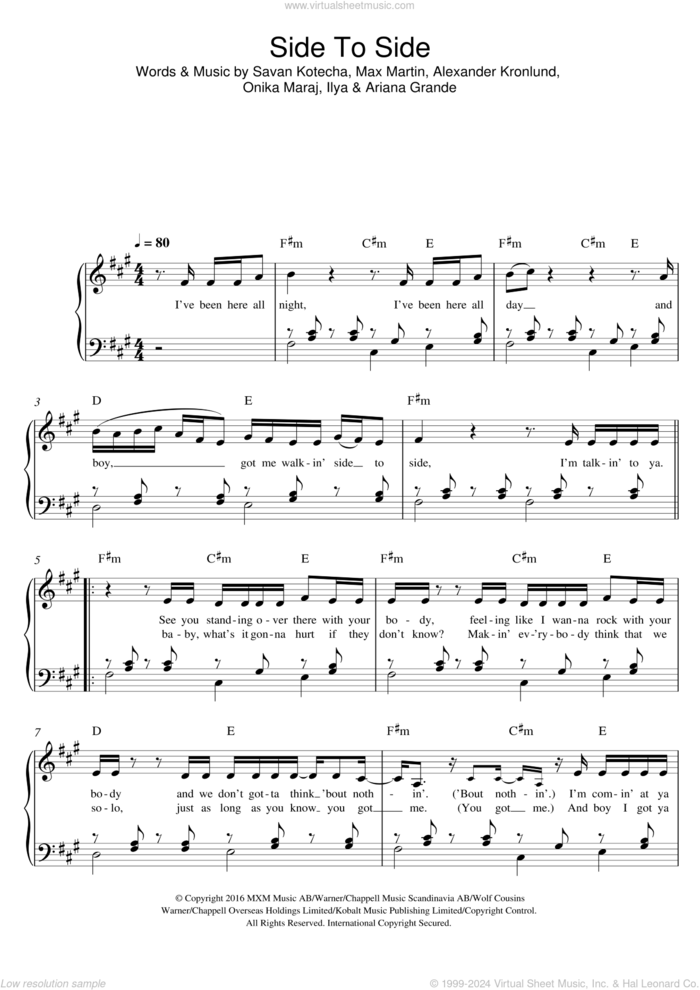 Side To Side (feat. Nicki Minaj) sheet music for piano solo by Ariana Grande, Ariana Grande feat. Nicki Minaj, Nicki Minaj, Alexander Kronlund, Ilya, Max Martin, Onika Maraj and Savan Kotecha, easy skill level