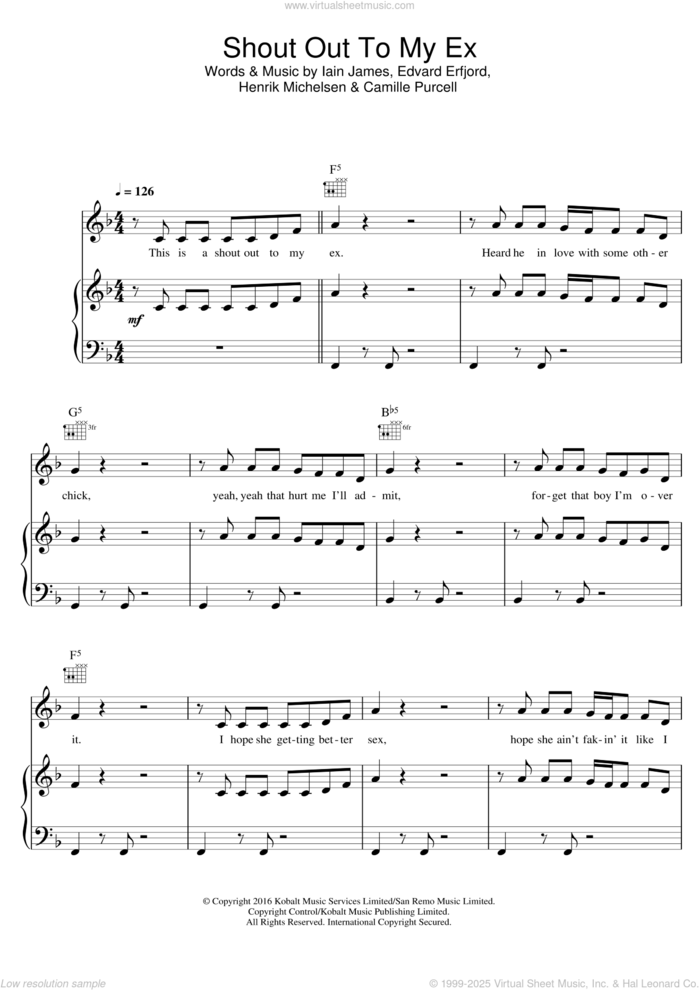 Shout Out To My Ex sheet music for voice, piano or guitar by Little Mix, Camille Purcell, Edvard Erfjord, Henrik Michelsen and Iain James, intermediate skill level