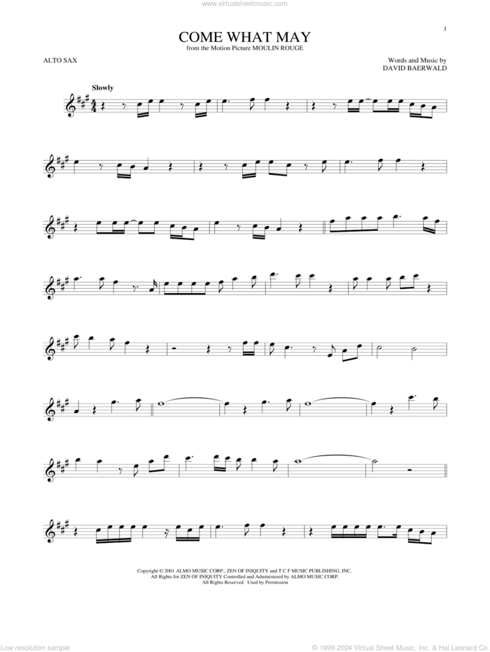 Come What May (from Moulin Rouge) sheet music for alto saxophone solo by Nicole Kidman & Ewan McGregor, Nicole Kidman and Ewan McGregor and David Baerwald, intermediate skill level