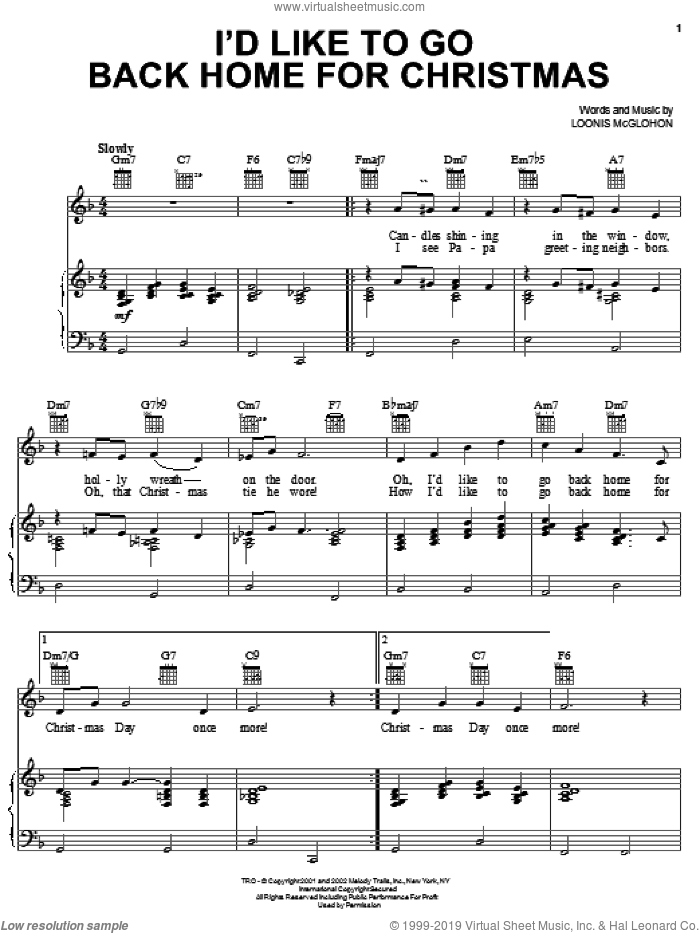 I'd Like To Go Back Home For Christmas sheet music for voice, piano or guitar by Loonis McGlohon, intermediate skill level