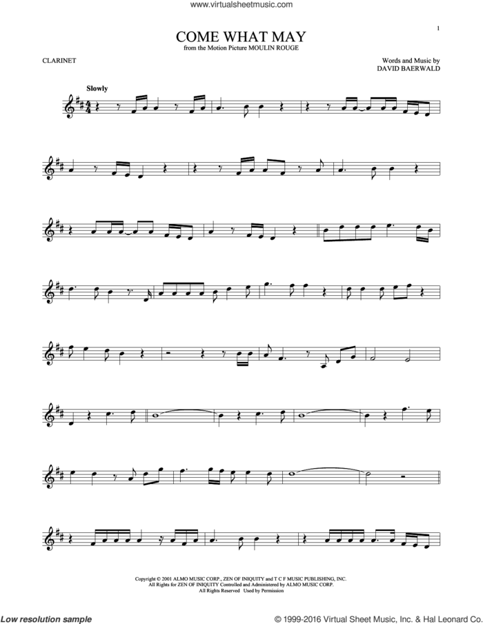 Come What May (from Moulin Rouge) sheet music for clarinet solo by Nicole Kidman & Ewan McGregor, Nicole Kidman and Ewan McGregor and David Baerwald, intermediate skill level