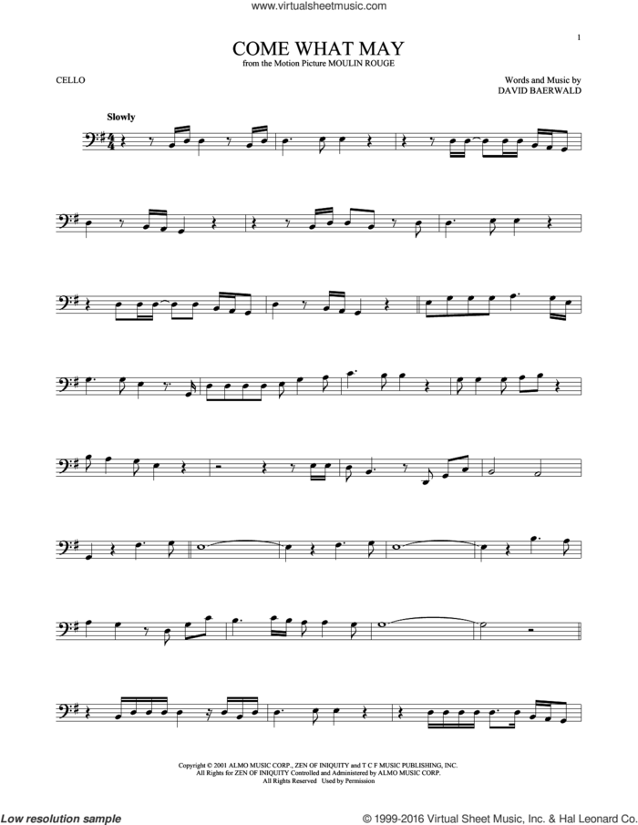Come What May (from Moulin Rouge) sheet music for cello solo by Nicole Kidman & Ewan McGregor, Nicole Kidman and Ewan McGregor and David Baerwald, intermediate skill level